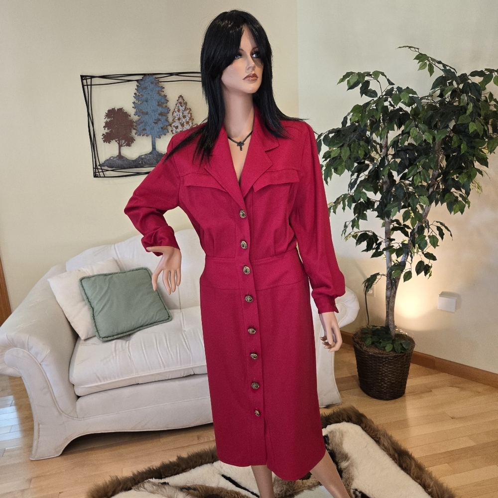 Vintage Red Harve Bernard Office Fitted Dress, Long Sleeve, Knee Length, Size 12